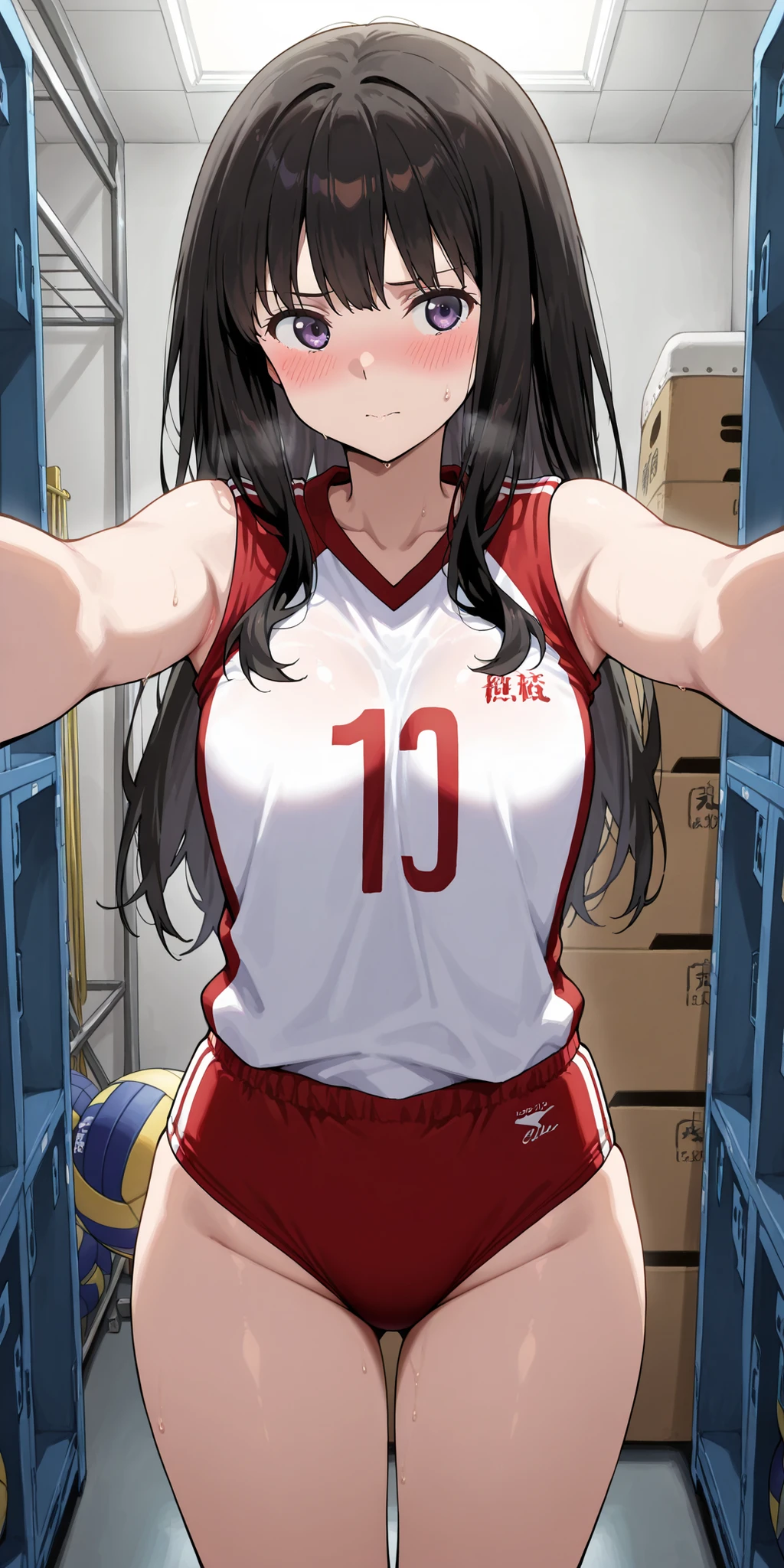 high resolution, best quality, amaging quality,Inoue Takina、black middle hair、 Volleyball uniform、Sleeveless clothing、(red buruma):1.lim body、slim thighs、cowboy shot、in Physical education storeroom, vaulting box、incoming hug、shy、blush、