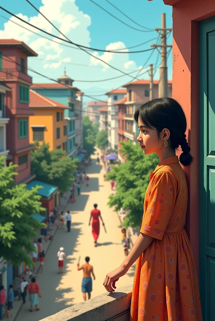 Create a gibili art Pakistani girl seeing a guy through her terrace while the guy is batting and they have a eye contact they both should be