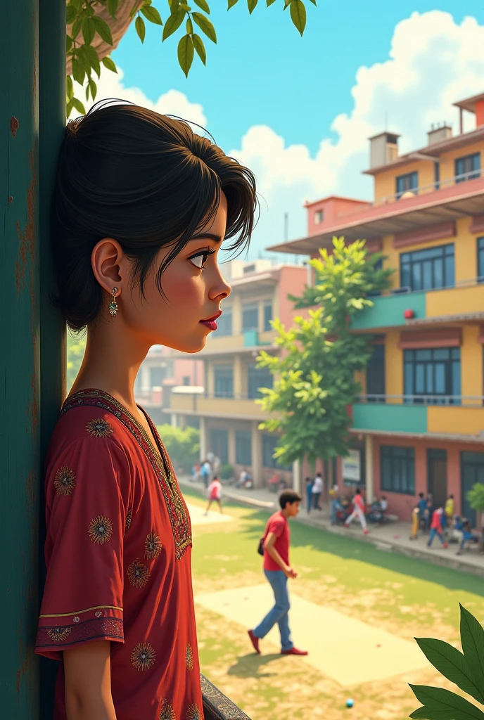 Create a gibili art Pakistani girl seeing a guy through her terrace while the guy is batting and they have a eye contact they both should be 18+