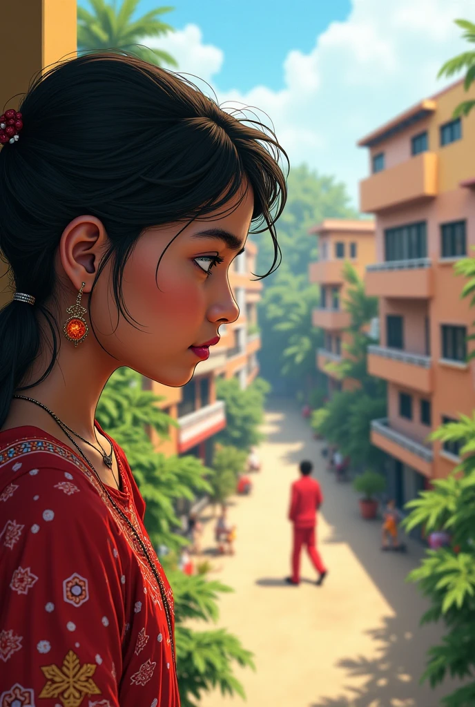 Create a gibili art Pakistani girl seeing a guy through her terrace while the guy is batting and they have a eye contact they both should be 18+