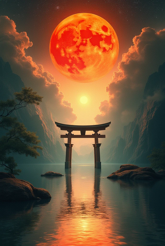 create an abstract image about the myth of Amaterasu for a work on the history of architecture. Consider light, the Shinto religion, its temples and different symbols such as the mirror and the connection with nature. 