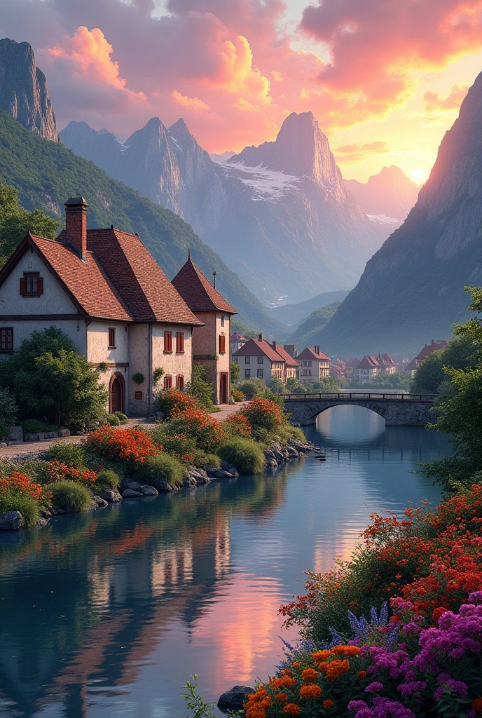 A small town by the river, mountains in the background, colorful floral flowers, detailed landscape, beautiful natural landscapes, atmospheric lighting, scorching sunset, warm colors, practical, photographic, detailed foliage, complex buildings, cobblestone street, charming country house, vibrant colors, lush vegetation, reflections in the water,  picturesque, idyllic, artwork, best quality, 8K, extremely detailed, anime style