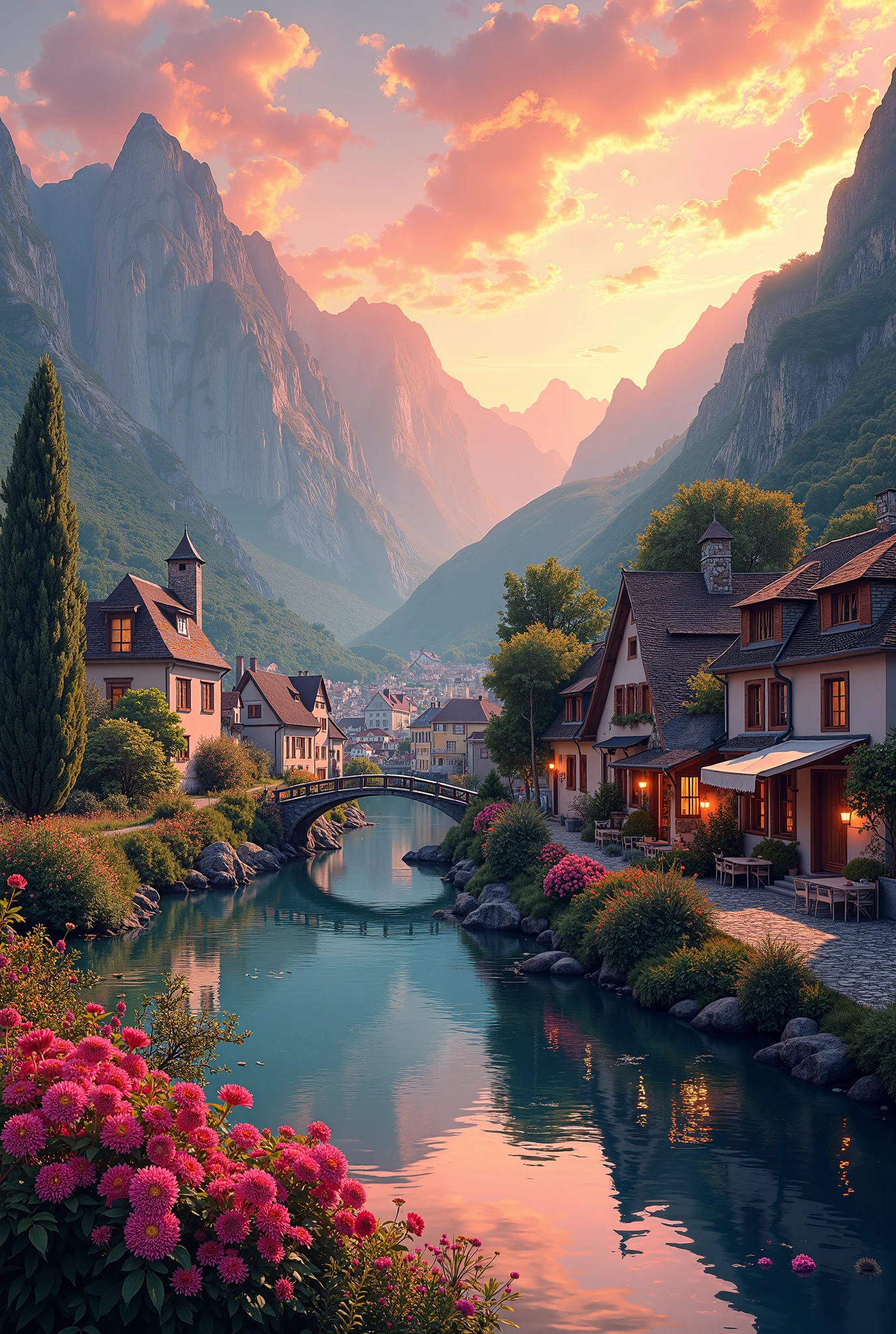 A small town by the river, mountains in the background, colorful floral flowers, detailed landscape, beautiful natural landscapes, atmospheric lighting, scorching sunset, warm colors, practical, photographic, detailed foliage, complex buildings, cobblestone street, charming country house, vibrant colors, lush vegetation, reflections in the water,  picturesque, idyllic, artwork, best quality, 8K, extremely detailed, anime style