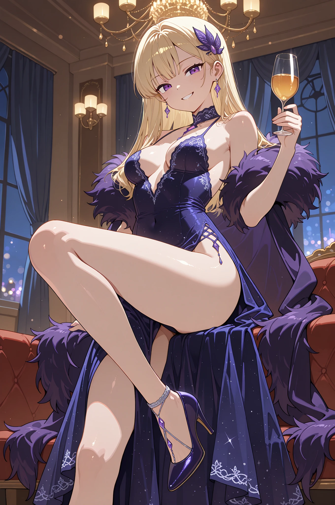 14 year old prostitute in a tight dress with the look of a mistress, with a glass of champagne in hands