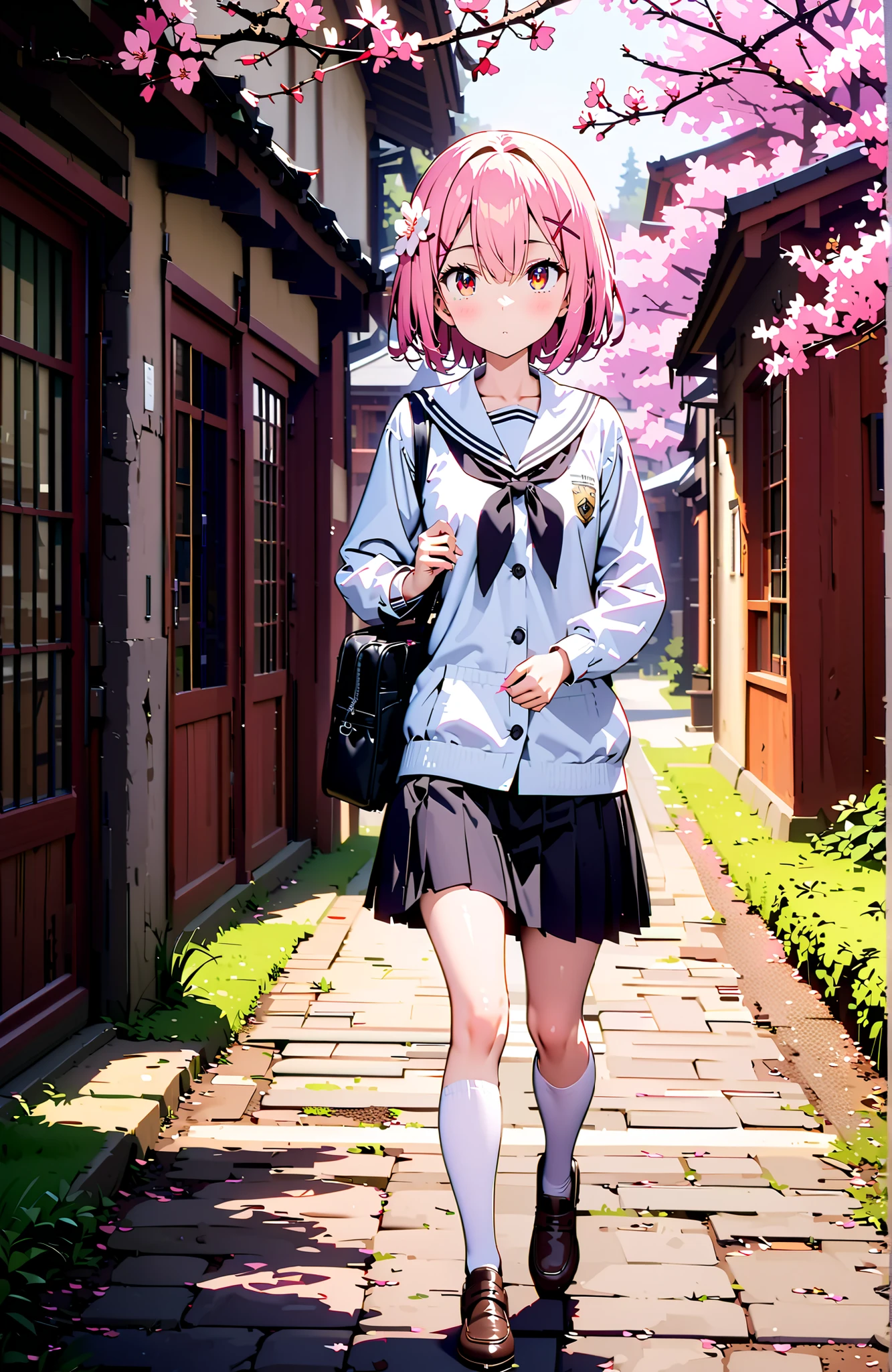 Ram, hair flower, Hair Ornament, hair on one eye, pink hair, Red Eyes, short hair, x Hair Ornament,white sailor suit,long sleeve, black mini pleated skirt ,white thigh high socks,loafers,Student bag 1 :1,cherry blossoms,is walking,morning,full bodyがイラストに入るように,break looking at viewer,full body,
break outdoors, residential area,
break (masterpiece:1.2), best quality in bronze, high resolution, Unity 8Kの壁紙, ( illustration :0.8), (beautiful detailed eyes:1.6), highly detailed face, perfect lighting, highly detailed CG, (perfect hand, perfect anatomy),