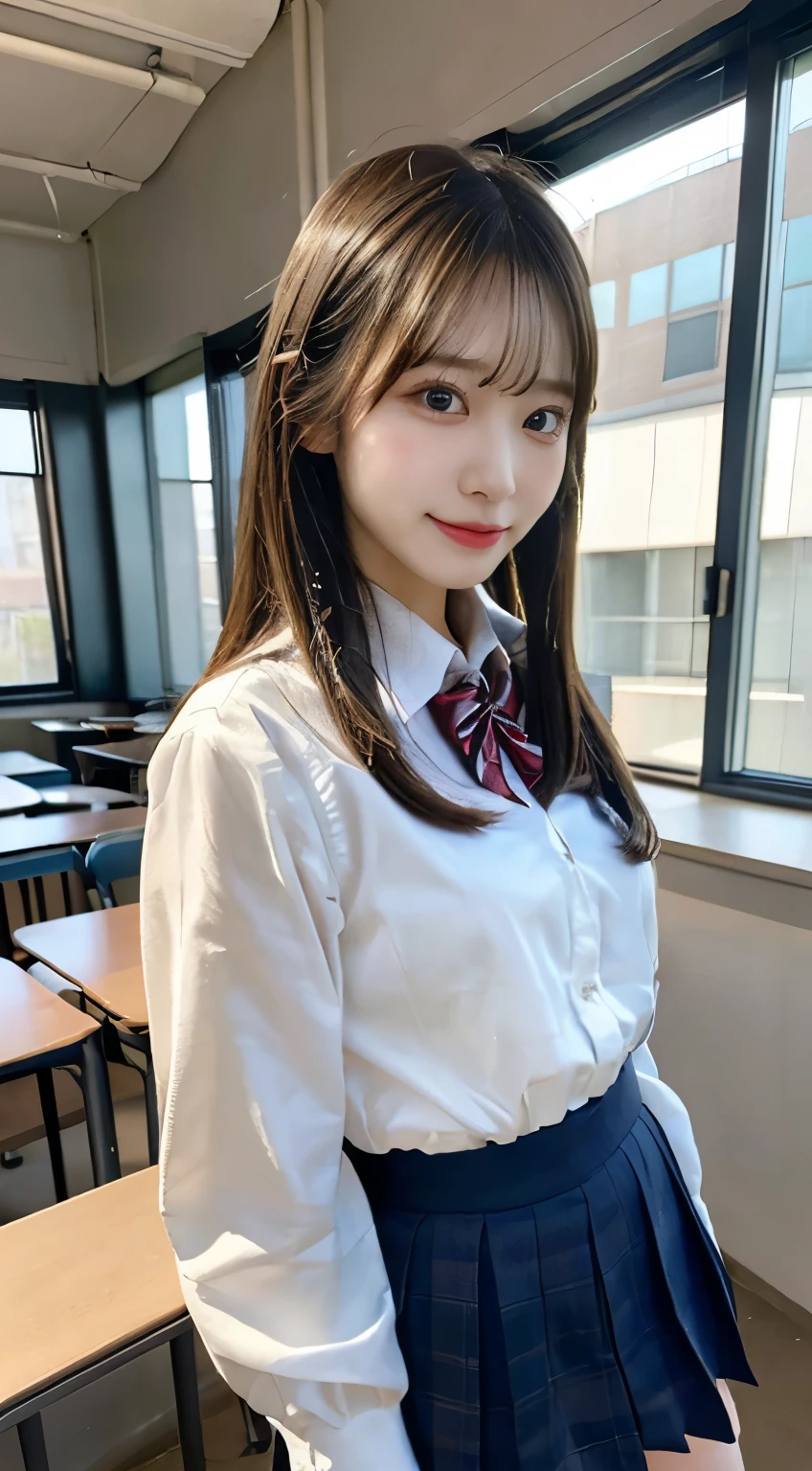 table top, highest quality, figure, super detailed, finely, High resolution, 8k wallpaper, 完璧なダイナミックな構figure, beautiful and fine eyes, She wears a school uniform,medium hair,natural color lip, bold sexy pose,smile,Harajuku、20 year old girl、cute、sexy shot looking at camera、C cup、brown hair、cacique#39;face、Blurred classroom background