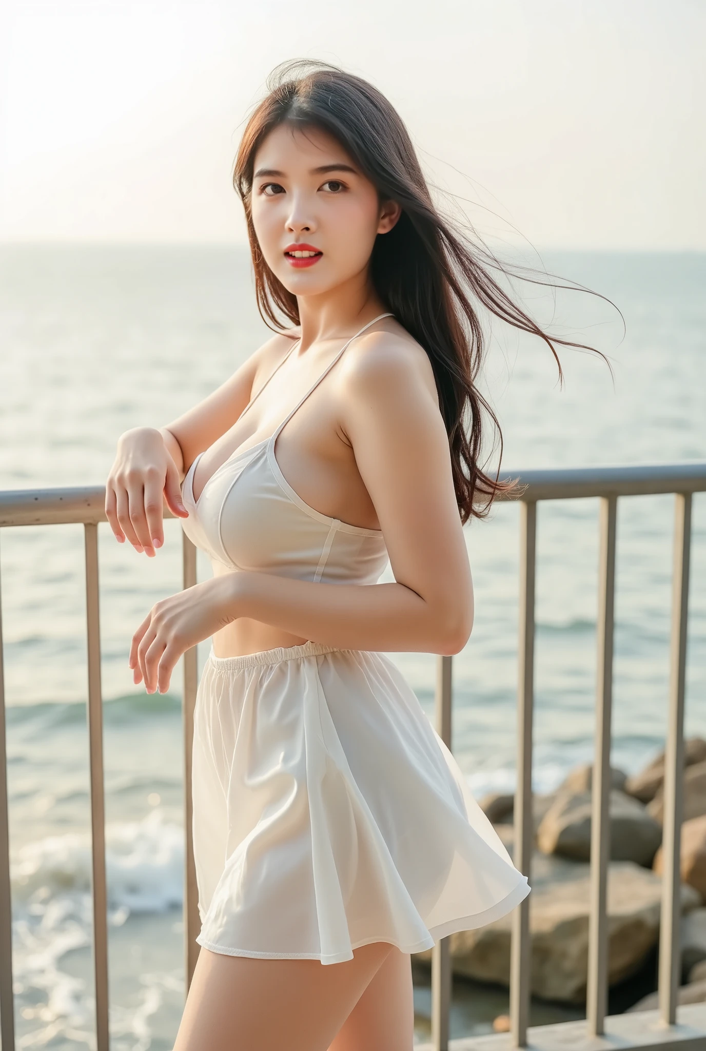 high quality、Realistic and photo-like、full body portrait、15 year old beautiful girl、see-through white dress、You can clearly see her body line and white lace underwear.、Seaside at sunset、Black hair smiling shyly、have bangs、Fair skin、thin eyebrows、long hair down to waist、big breasts、A presence that is out of this world、
