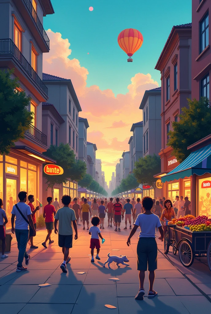 "A colorful scene of an active city at dusk, with people walking, A dog running, a boy with fallen ice cream, a man reading the newspaper on a bench, a bicycle lying on the sidewalk, a woman pointing to the sky where there is a hot air balloon, a group of ren playing soccer, a street vendor with fruits and a couple arguing near a cafeteria. The scene must be full of details, clear facial expressions and various actions that invite observation and the formulation of questions."