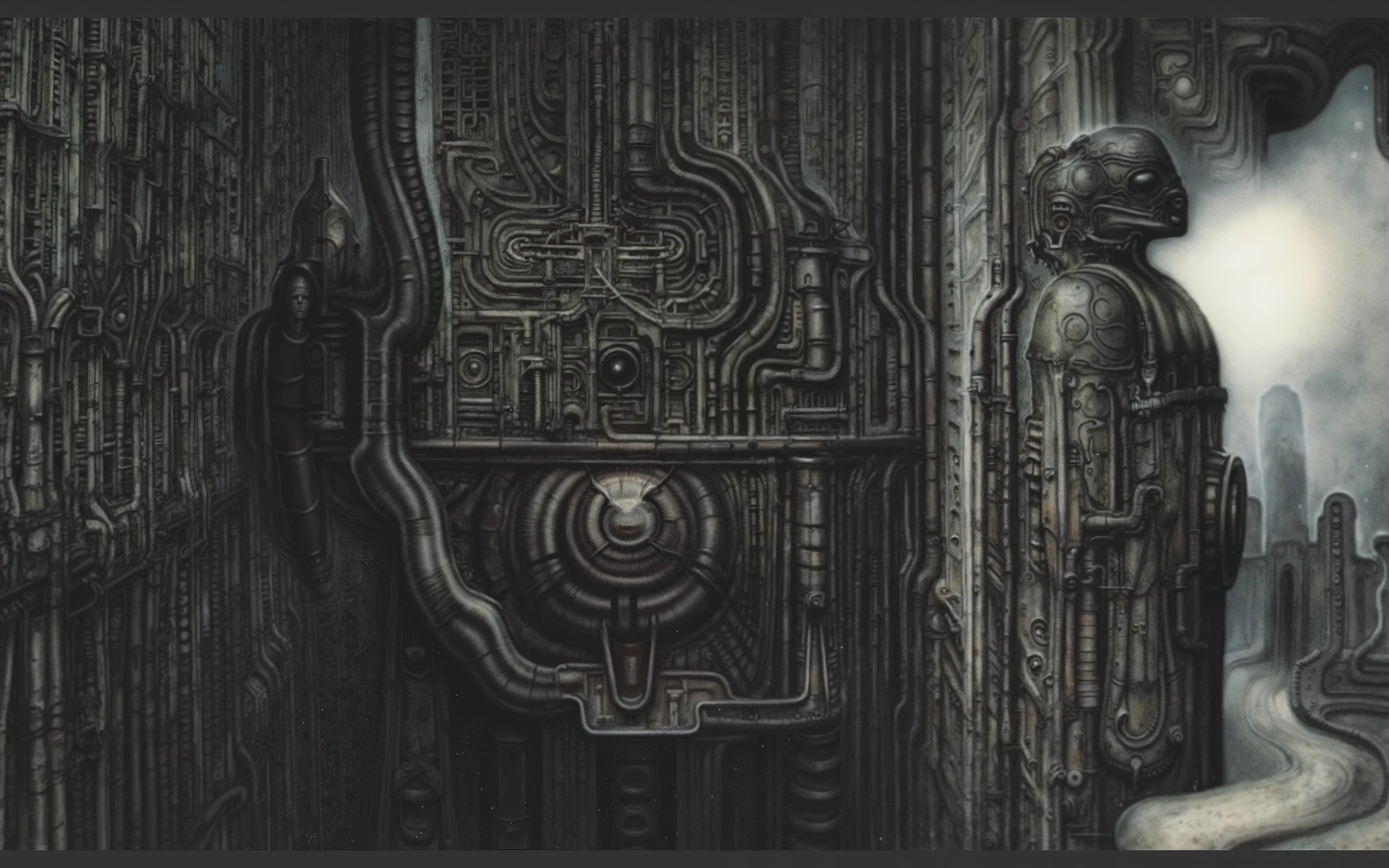 Please reproduce the original image as accurately as possible, capturing the intricate details of the biomechanical structures, the dramatic lighting, and the overall sense of unease. gigerart(best quality:1.4)... A piece of art by HR Giger. 

Create a highly simplified, schematic preparatory sketch depicting the core composition of the academic painting subject /" Place of ALEPH and it's inhabitants /".The drawing technique should emulate the quick, form-defining, and expressive linework characteristic of Valentin Serov's preparatory sketches (think charcoal or graphite feel, focusing on essential shapes and suggestive light/shadow, not fine detail).However, explicitly interpret all forms and the overall visual language through the aesthetic of H.R. Giger. Render Susanna and the two Elders using Giger's signature biomechanical, organic-machine hybrid, and unsettlingly sensual or grotesque forms. Elogim might appear as an alien, vulnerable yet resilient figure; the Elders as menacing, biomechanical spectators merging with shadows or structures.The surrounding environment should be extremely schematic and minimalist, reduced to basic suggestive shapes. These environmental shapes must also subtly reference H.R. Giger's style – hinting at dark, biomechanical textures, skeletal structures, or fluid, alien architecture.
Lack of Negative Space: There is minimal negative space, with the composition filling the frame almost entirely. 
Emphasis on Texture and Detail: The intricate details and textures of the biomechanical forms, rendered with meticulous precision, draw the viewer's eye and further contribute to the sense of density and complexity.
Directional Lines and Curves: The lines and curves of the tubes, pipes, and organic shapes guide the viewer's eye through the composition.
Use DARK BLACK COLORS, symmetrical, perfect, allegory of sin,evil, darkness, big painting, stored in Louvre