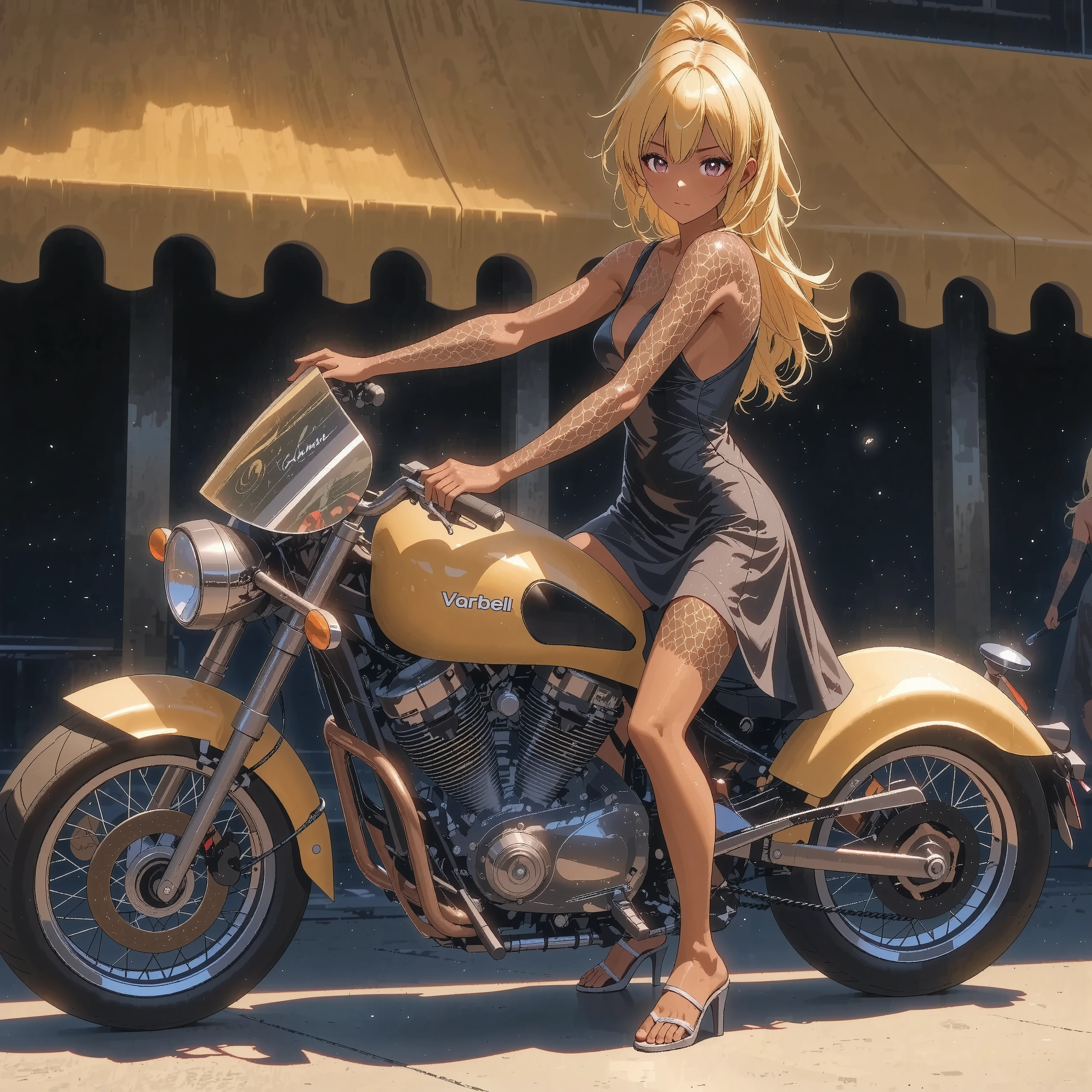 One girl rides a motorcycle + cafe racer tuned motorcycles + textured brown skin + sailor suit +small breasts + high heels + rocket cowl 、 top quality, (kogyaru)