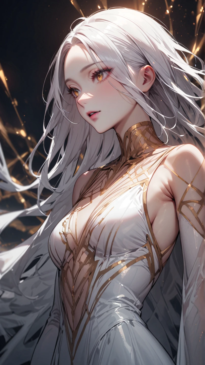 (masterpiece, high resolution, best quality,highres:1.5), CG, illustration, delicate face, cute face, shiny hair, shiny skin, kawaii, sparkling pupils, shiny enamel suit, white latex, pencil skirt, looking back, silver hair, BREAK black eyes, full body
