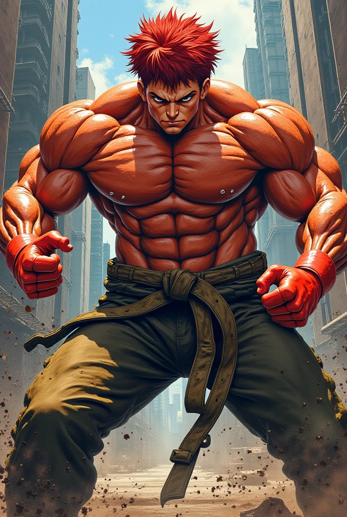 (best quality,4k,8k,highres,masterpiece:1.2),ultra-detailed,(realistic,photorealistic,photo-realistic:1.37),young-looking man with,red clothing,powerful red energy emanating from his hands Marvel-style,street fighter battlescene,raging fire explosion,heroic pose,ripped muscles,engaged in an epic fight,amazing special effects,crackling electricity,expressive face,concentration and determination,background destruction,urban setting,tall buildings,smoke-filled streets,late sunset lighting,grandiose and intense atmosphere,action-packed scene,vivid colors,superhuman strength,powerful impact,fast-paced movements,heroic statue-like figure,comic book-inspired style,dynamic and energetic illustration.