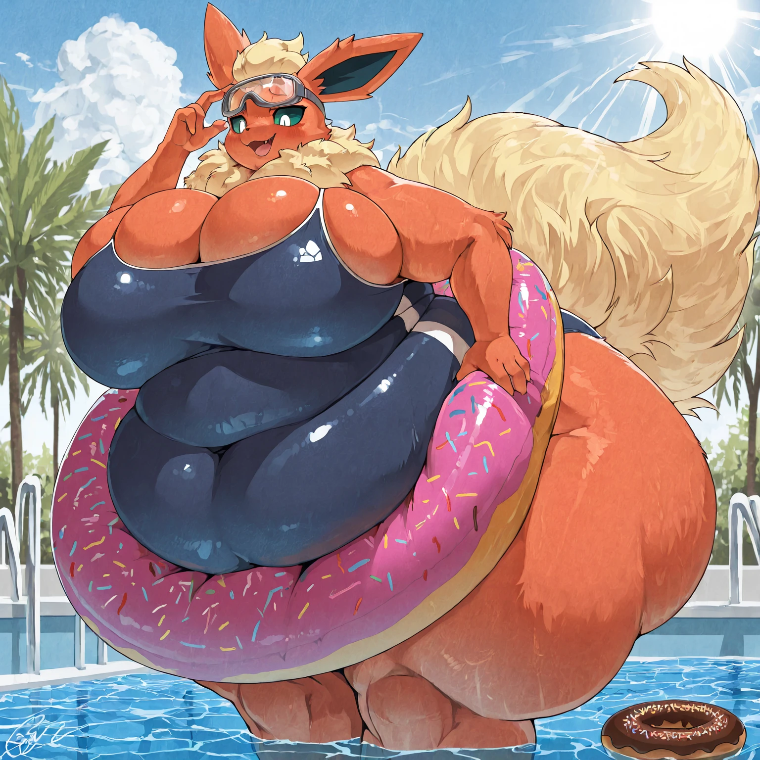 Masterpiece, wide hips, massive thighs, massive ass, femboy, androgynous, masterpiece, front view, by ASaneMan, kyuubi, kurama, ninetails , bikini, boy, staring seductively, tongue out, sweating, beach background, sun raise, ocean water
