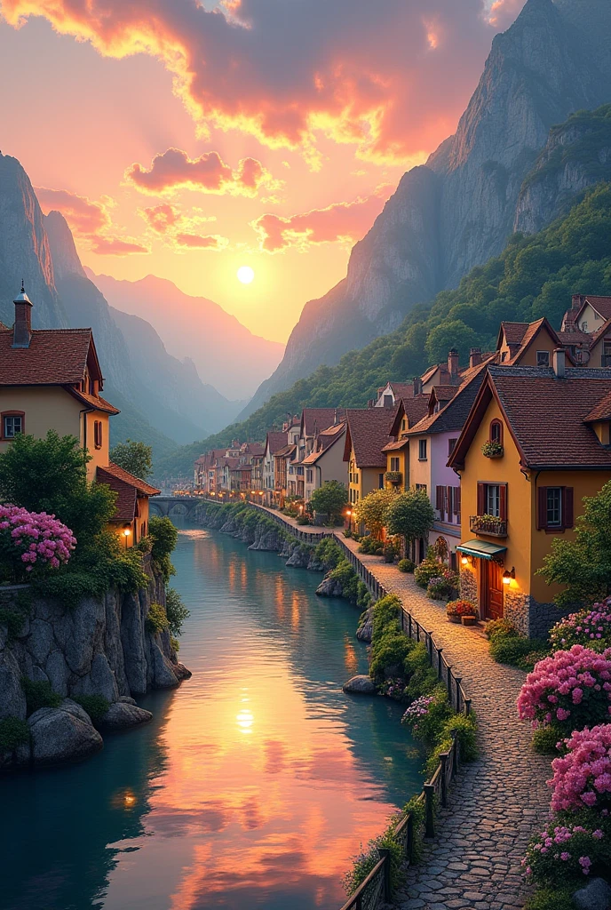 A small town by the river, mountains in the background, colorful floral flowers, detailed landscape, beautiful natural landscapes, atmospheric lighting, scorching sunset, warm colors, practical, photographic, detailed foliage, complex buildings, cobblestone street, charming country house, vibrant colors, lush vegetation, reflections in the water,  picturesque, idyllic, artwork, best quality, 8K, extremely detailed, anime style