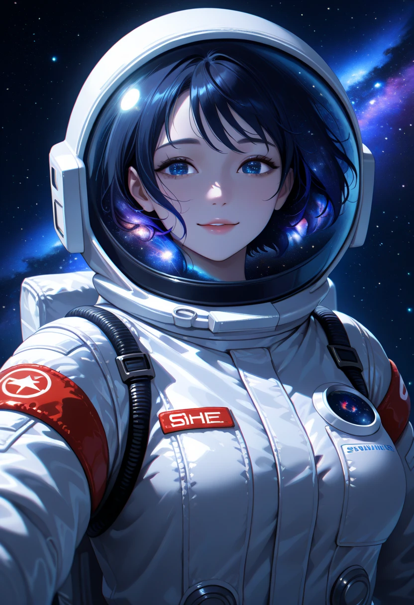 female, in the form of an astronaut, partially naked huge  in a lowered spacesuit , detailed eyes, she smiles, in outer space , , galaxy in the background
