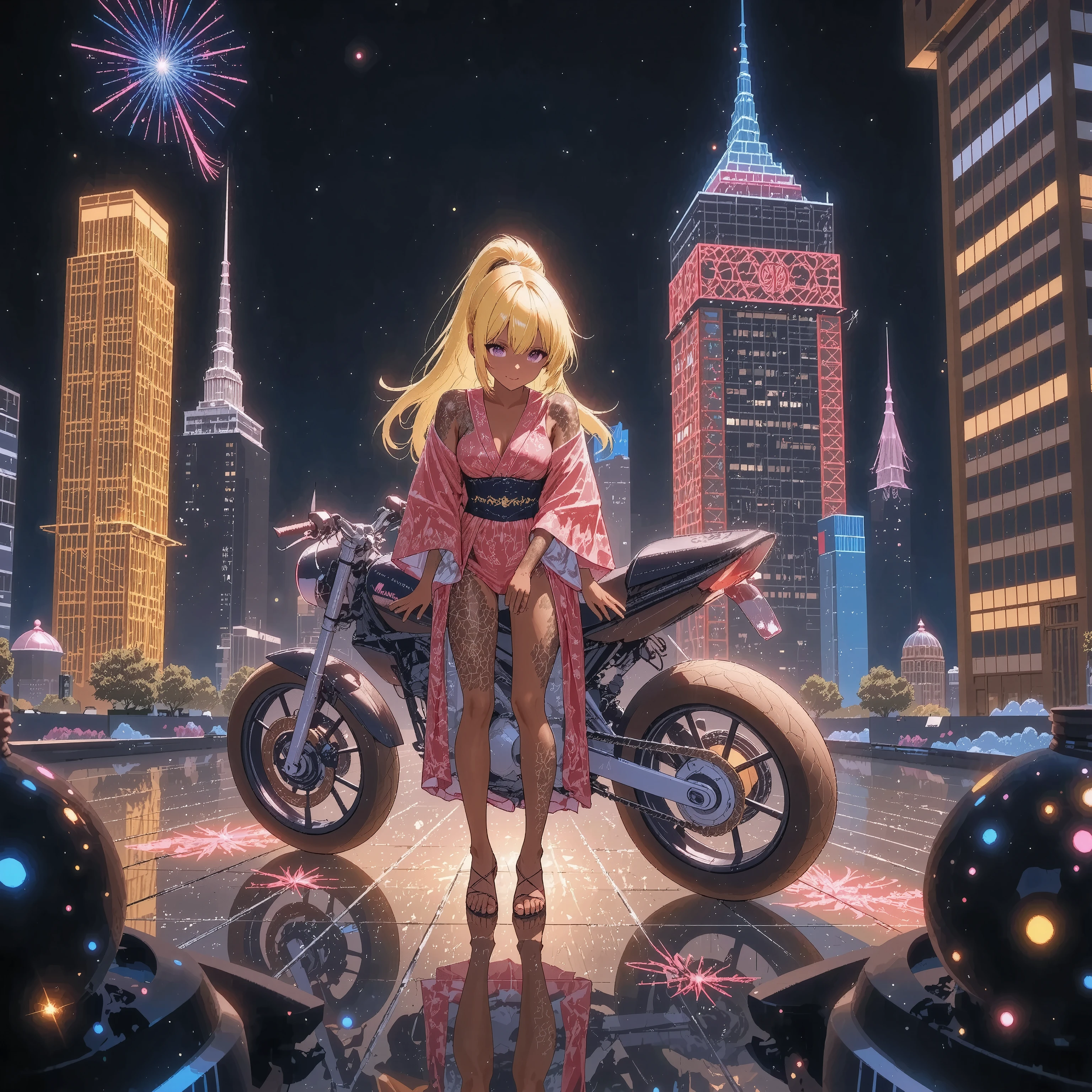 1 girl (motorcycleGirl ) standing beside a motorcycle + night neon street +cyberpunk city + leather long boots、 Japanese kimono , Movie light effect, high resolution, top quality , (kogyaru)