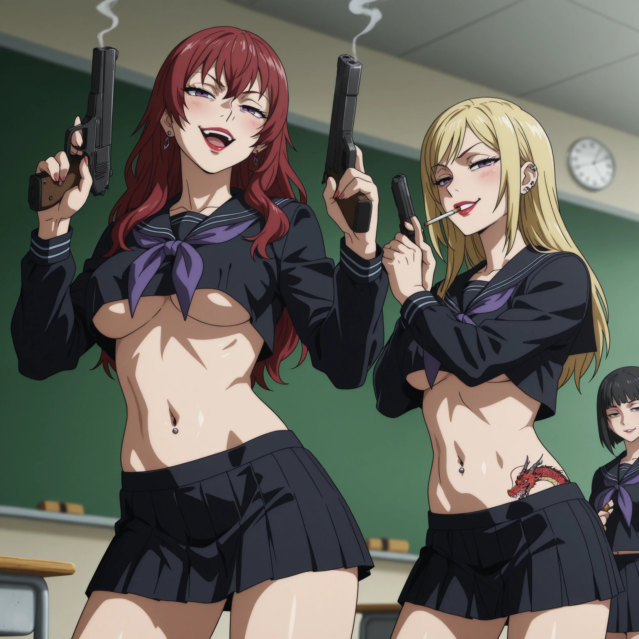 mature female , 2girls , two girls ,,, ear piercing, long hair, blush, lipstick,Hot girl, baddie, smoking, sensual, attractive ,,masterpiece, best quality, highly detailed, a girls in sailor uniforms with a gun posing for a picture, evil smile, smile, open mouth,black_serafuku, ecchi style, high school girls, holding a gun, hold a gun, micro skirt, exposed belly, exposed navel, exposed midriff, holding pistol,underboob, exposed lower belly,school, classroom, navel piercing ,, , dragon tattoo, narrowed eyes, tattoo midriff ,, smirk, medium breast, anime screencap, anime coloring, black hair , blonde hair , purple hair , red hair ,