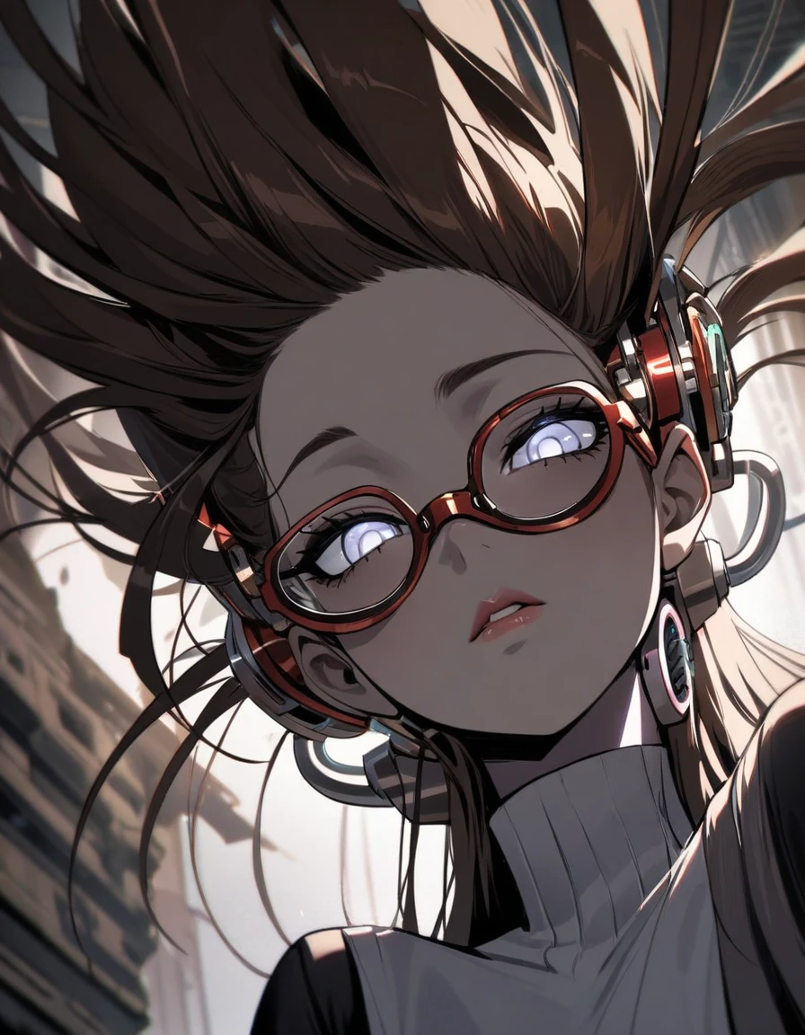 (biopunk art), portrait, (view from bottom), ((biopunk style)), (gloomy girl), dark girl, pale skin, white sclera, white eyes, half-closed eyes, detailed lips, (glasses), dark face, ((long bangs)), long brown hair, (smooth hair), (downed hair), (straight hair), closed clothes, long dress, long sleeves, masterpiece