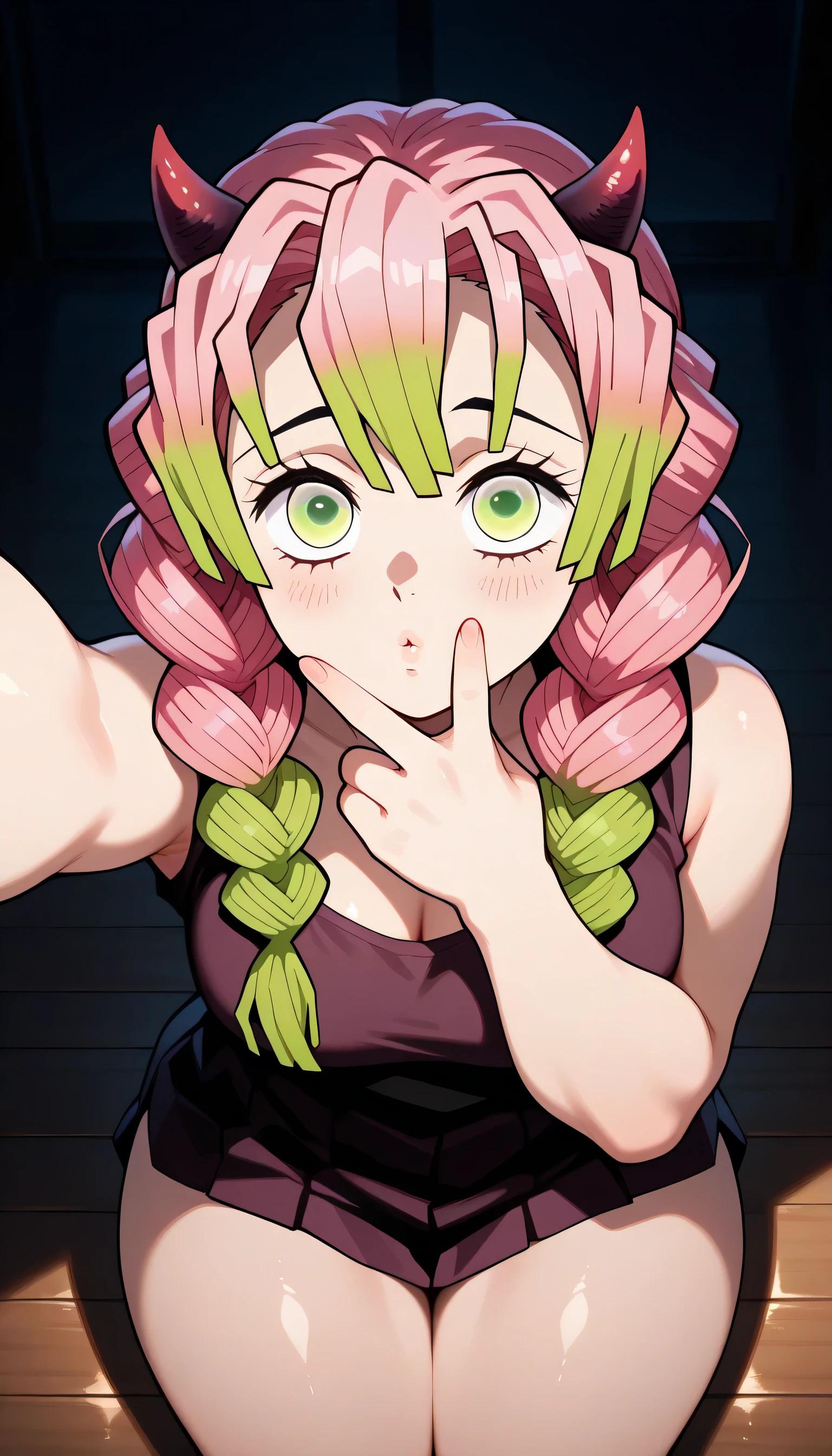 Mitsuri ( Demon Slayer) pink hair, big bobbies, thighs, upper view, one hand selfie, send a kiss to the selfie, dark room, looking up