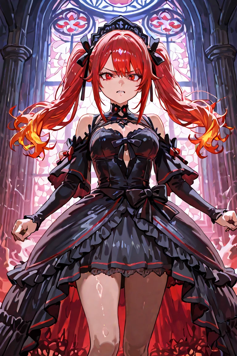 2d anime style, A fiercely passionate Heavy Metal vocalist, this strikingly beautiful Black woman exudes strength and rebellion as she performs on stage with her band. The imagery captures her fiery persona with vibrant red hair, piercing silver piercings, and intricate tattoos that tell a story of resistance. The image is a digitally-enhanced photograph, showcasing her raw energy and empowering presence. Every detail, from the intricate costume to the intense expression on her face, is meticulously rendered in high definition, drawing viewers into the intense performance of a song of social revolution.