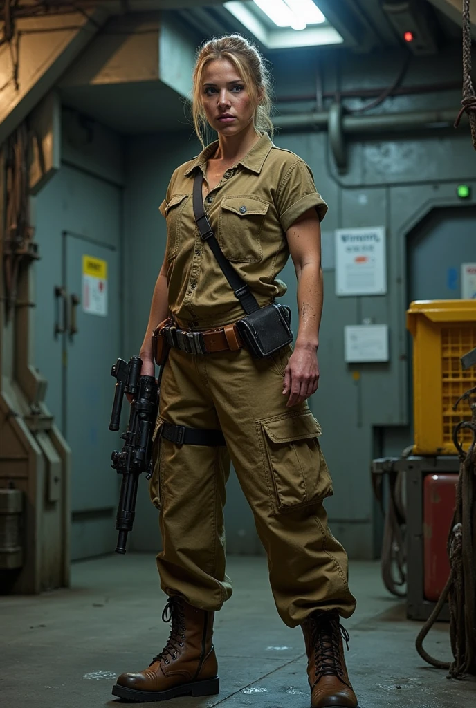 cptpower, blonde woman in military uniform, dark military base, destroyed <lora:Captain_Power_Style:1>