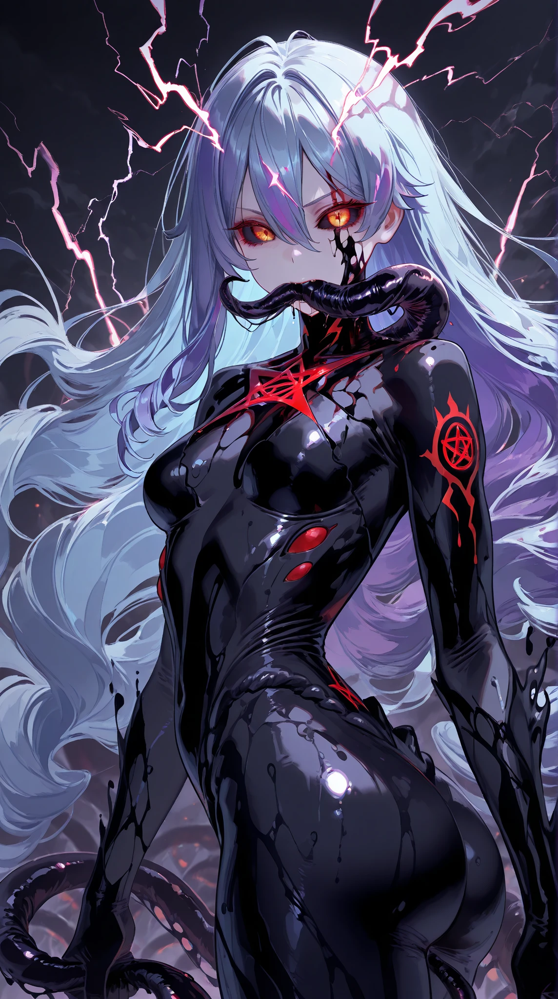 Black full body suit　Red lines all over the body　3 year old girl　seductiv　a smile　succubus　Rubbing the buttocks