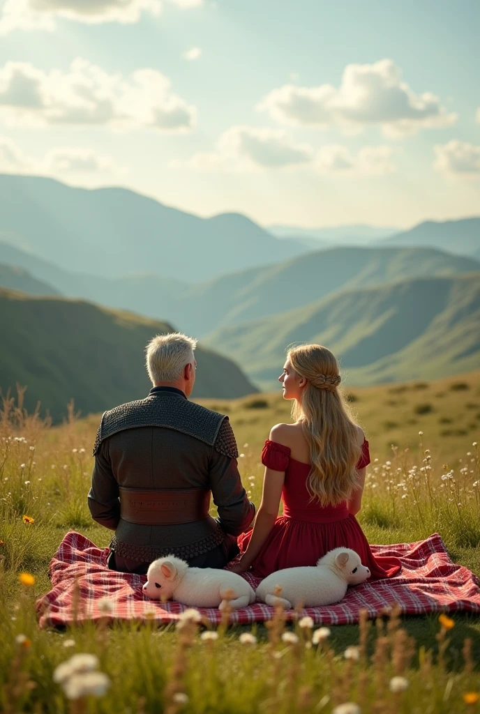 

"In a breathtaking landscape, a royal family enjoys a peaceful picnic. The king, with the fierce presence of the Wild Hunt’s leader from The Witcher, sits beside his queen, radiant and graceful like Daenerys Targaryen. On a soft blanket laid across the grass, their twin babies rest—symbols of legacy and love beneath the open sky."
