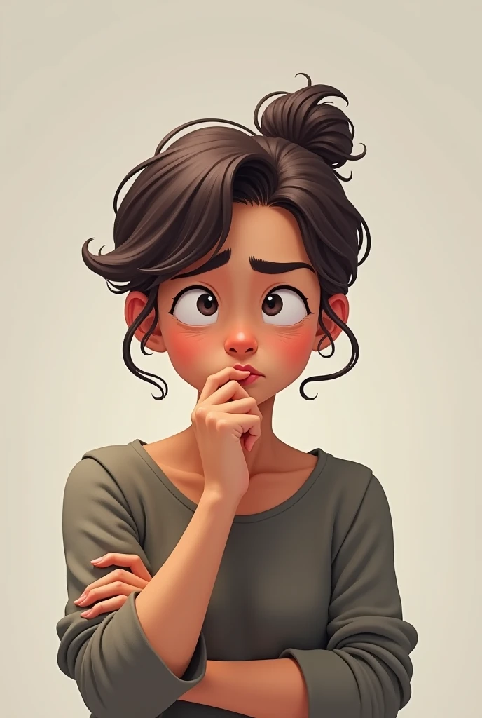 Create an animated 3D image of a young woman with a tear falling from her eye. She is sad, with a distressed expression. The animation should show her from the waist up. In her right hand, which is positioned next to her head, she holds a clump of hair that has fallen out. Her left hand remains close to her body. The scene should focus on her sadness, with detailed facial expressions, realistic hair texture, and the tear visible on her cheek.