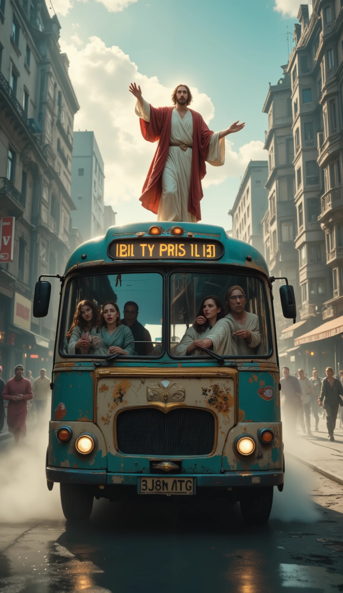 Jesus Christ stands confidently atop a moving, vintage city bus rendered in hyper-realistic detail. His compassionate, radiant expression is accentuated by a subtle, glowing halo, while his flowing robes and neatly kept beard are meticulously detailed in ultra high resolution. The bus, with its weathered yet charming exterior, streaks through a bustling urban scene, its vibrant colors and meticulously painted details captured in crisp clarity. Through the bus’s large, fogged windows, diverse passengers are seen in mid-reaction, their faces a blend of awe and wonder, rendered with lifelike textures and emotions.
The urban backdrop is painted in vivid detail—a dynamic cityscape with bustling streets, modern architecture, and soft, diffused sunlight piercing through urban clouds. Reflections on the bus’s glossy surfaces and the play of light on textured pavements enhance the hyper-realistic effect. The overall scene seamlessly integrates the divine presence with the everyday hustle, offering a surreal yet profoundly human moment where spirituality meets urban life.