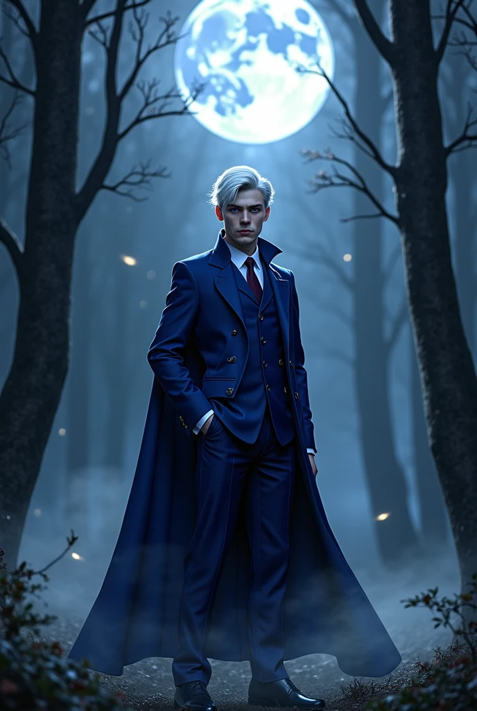 Create an image of a wizard with short white hair alibino violet eyes in a blue suit in a forest at night 