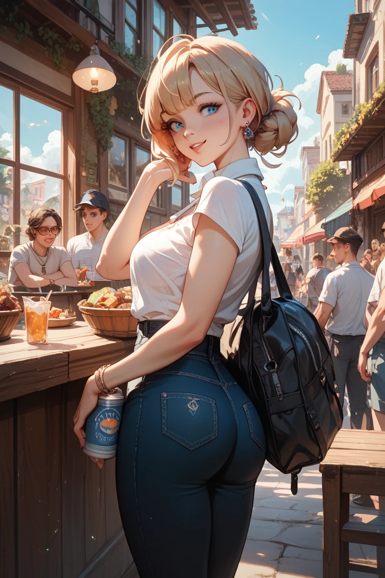 (masterpiece), (best quality), (Highres), Detailed, (Inricate Details 1.2), (Hyper Detailed 1.4), (Ornate Digital Art 1.2), absurdres, 1girl, big breasts, ass, hair ornaments, solo, pink hair, (black shirt:1.3), jeans, (train station:1.2) running, thighs, shortstack, porn actress
