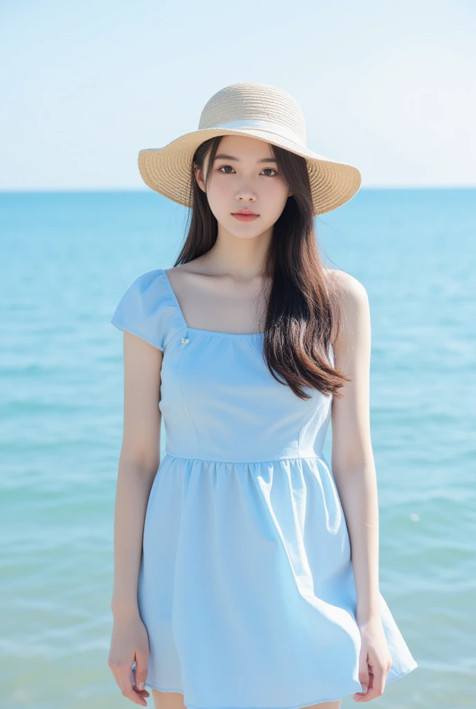 8K、sea the background of、Neat and clean schoolgirl, petite person, (slim, Small, Flat, Small), Twin-tailed, Photorealistic, (Detailed skin texture), Ultra Detail、one piece dress, Super Detailed Face, Detailed lips, Detailed eyes, A 12-year-old girl、Delicate eyebrows、Little baby face、Professional Photography、watching at viewers、South Island Sea、full body Esbian、