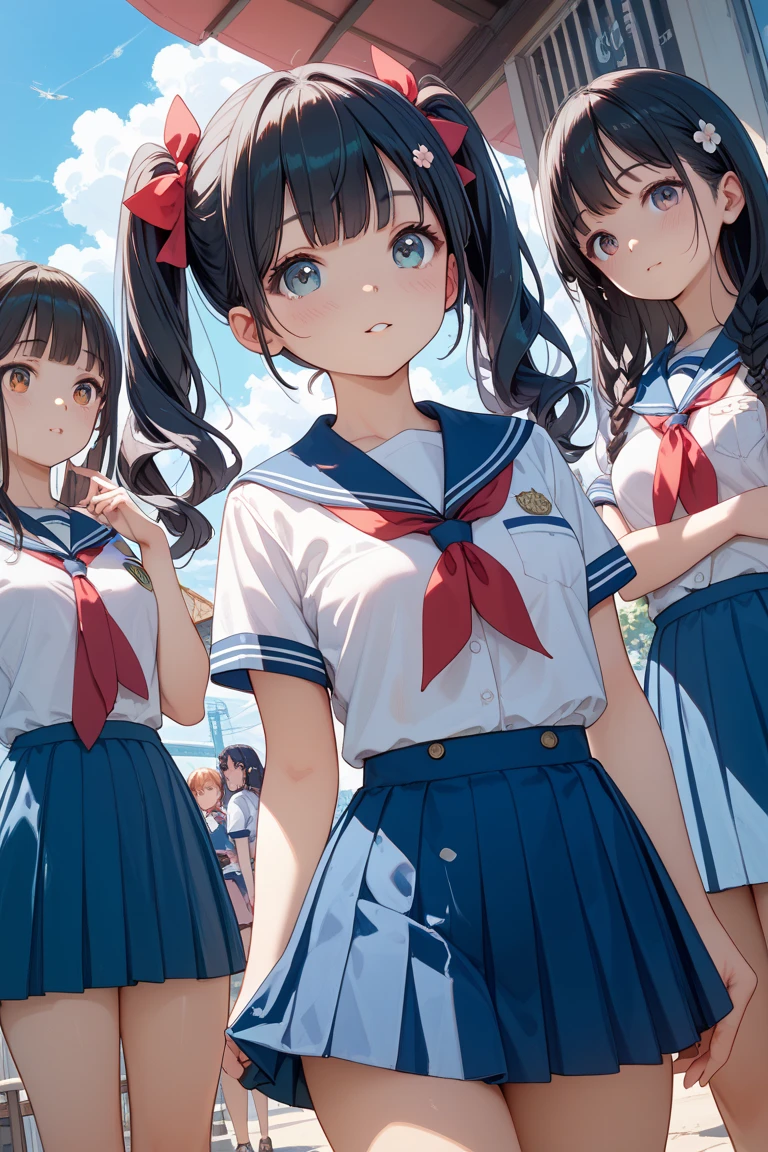 highest quality、High resolution、detailed background、Beautiful and dense face、beautiful and smooth skin、skin texture、black hair braid twintails、(huge breasts:1.3)、(realistic:1.2)、perfect body line、(3人のcute女の子:1.5)、
((see-through sailor dress:1.4))、white sailor collar、white knee high socks、white overknee socks、white panties、No bra、(My clothes are wet and transparent:1.1)、(Draw the lace of the pants in detail:1.1)、
(Three people having fun at a water play spot:1.2)、Laugh playfully、smile、sexual expression、emphasize the chest、emphasize cleavage、underboob、
Puff out your cheeks to express shyness or cuteness、
Wrap your hair around your fingers、Put your hair back behind your ears、Express your happiness and excitement by making small jumps。、
express energy and activity、
Put your hand over your mouth to express surprise or embarrassment、
A cute gesture that can bring out your cuteness and modesty.、Bow or wave?、cute、panty shot、camel toe