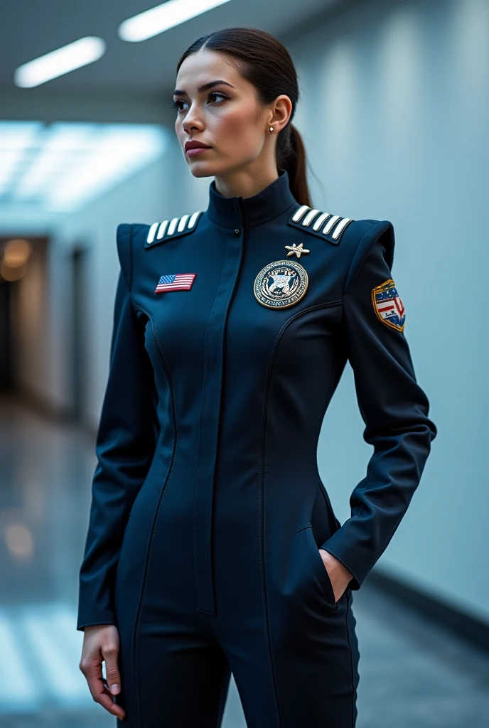 (Science fiction, Planet Medlana, Luxor solar system, international cosmodrome, Luxor solar system, best quality, 8K, masterpiece: 1.2) Gray-haired man, meek hair, stern, inscrutable face, hero&#39;s face, age 42 years, athletic figure, dark blue uniform, uniform of a colonel of the military air force - space force lunch of the Congress of Nations, long army boots, (background spaceport, dispatcher console, radar console)