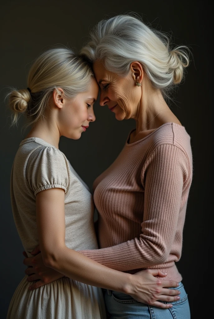 2 old wrinkly granny female friends both wearing tight tibbed turtlenecks, passionately kissing each other, females look completely different to each other, blonde
