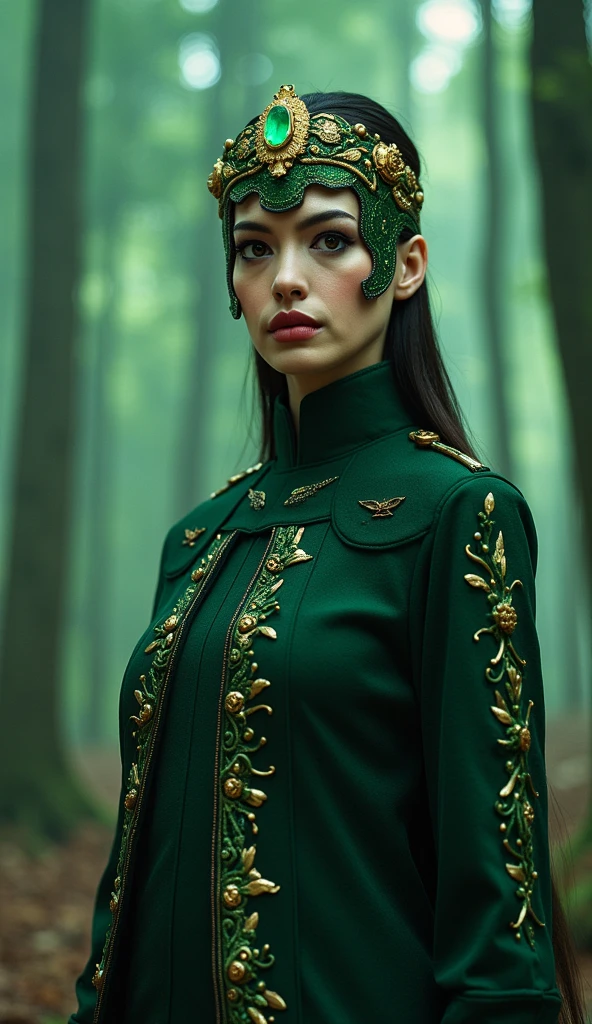 This jade presents an impressive and imposing look. She wears a green mask adorned only around her mouth with gold details and an emblem engraved on the mask and completely metallic, giving an air of mystery and elegance.  Her golden tiara  , with a green crystal in the center , complements her noble and warrior appearance. hyper realistic forest Her eyes are expressive and , highlighted by a precise makeup that emphasizes her determination. Her dark green costume follows the traditional warrior style, with metallic details that refer to the royalty of Edenia. The costume design mixes elements of sophistication and strength, making her an imposing and graceful figure at the same time. In the background an epic and realistic setting of a neon green area