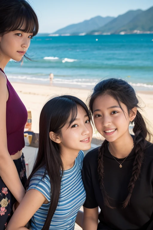 identical twin sisters、beautiful japanese girl.Beautiful round face、Very happy smile、、Hold the kitten gently against your chest、kitten sitting on lap、Clothes with open chest and strapless、cargo pants、Bright brown hair、Breasts huge、Attractive posing, dynamic and sexy, sitting on the beach by the sea、human body as a whole、look at the audience、sunshine light、cinematic light、Depth of writing limits high quality、