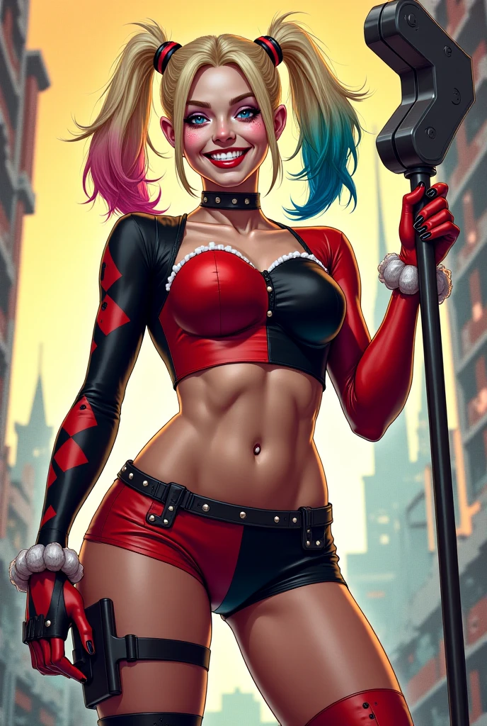 (realistic:1.5), beautiful futanari, (standing:1.2), mature, age 21, (small penis, erection:1.5), (precum drip:1.3), (testicles:1.0), (cum on penis:1.1), head tilt, small demure smile, (slim, slender, skinny:0.9), narrow hips, slender thighs, medium breasts, seductive, (clothing aside:1.1), highly detailed background, (OverallDetail:1.1), EyeDetail, fFaceDetail, fHandDetail, HairDetail, looking at viewer, sexy, provocative, flushed cheeks, blush, after sex glow, CARTOON_harley_quinn_rebirth_ownwaifu, www.ownwaifu.com, two-tone hair, multicolored hair, blonde hair, breasts, makeup, twintails, blue eyes, lipstick, gloves, shorts, cleavage, navel, midriff, gradient hair, short shorts, choker, long hair, eyeshadow, colored skin, pale skin, multicolored clothes, jacket, belt, crop top, open jacket, star (symbol), open clothes, lips, baseball bat, <lora:CARTOON_harley_quinn_rebirth_ownwaifu-10:0.8>