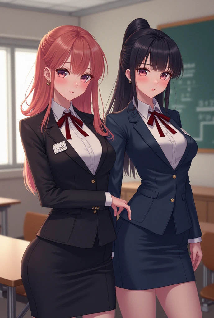 1 Girl, red hair in a ponytail, green eyes, blushing, in a black office suit, medium breasts, with a V-neckline, sexy pose, Leaning on a fine, polished wood desk, in a modern and welcoming office