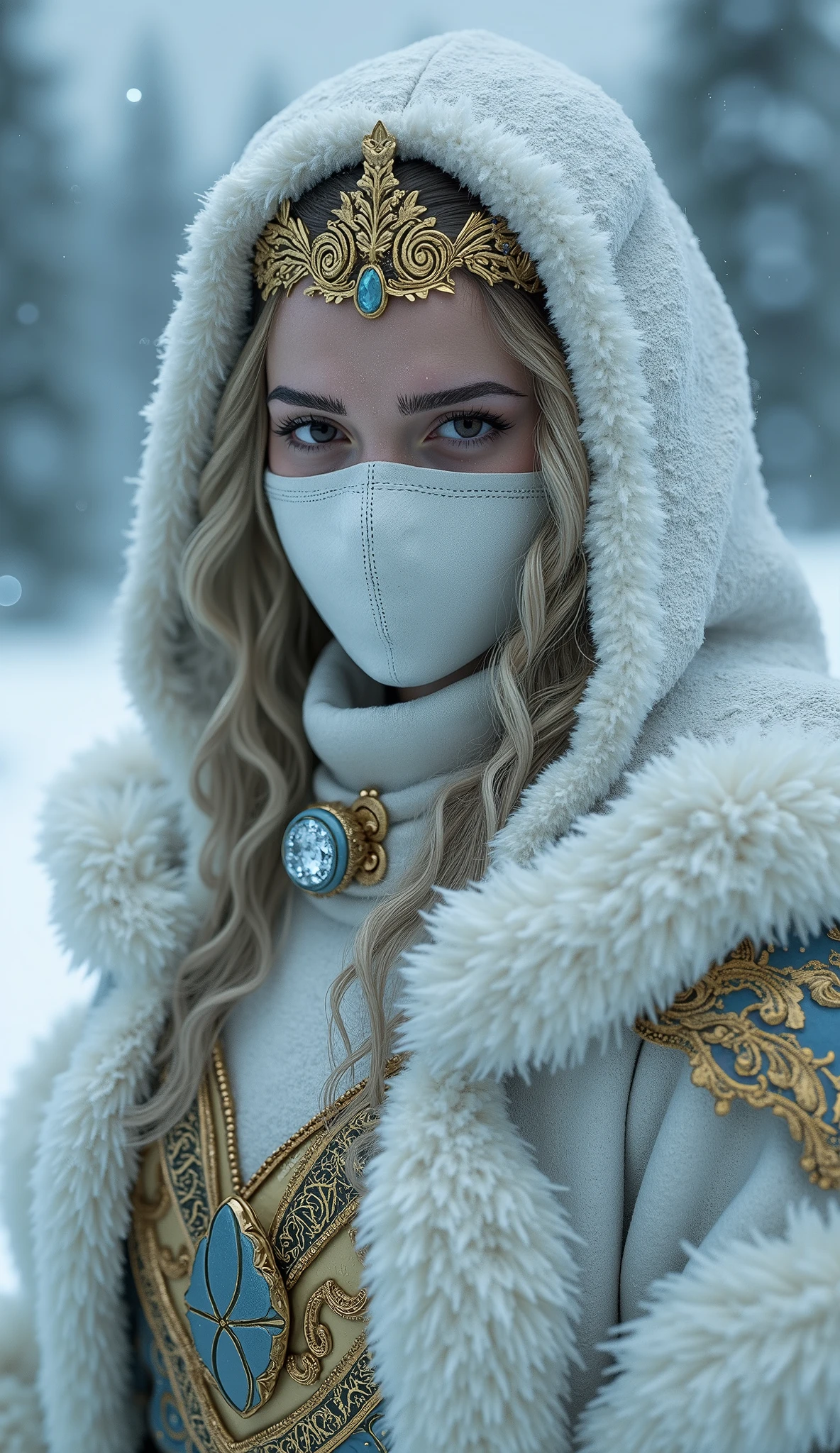 This Frost presents an impressive and imposing look. She wears an adorned white mask closed only around her mouth with gold details and an emblem engraved on the mask and completely metallic, giving an air of mystery and elegance.  Her golden tiara  , with a blue crystal in the center , complements her noble and warrior appearance. hyper realistic forest Her eyes are expressive and penetrating, highlighted by a precise makeup that emphasizes her determination. Her dark white costume follows the traditional warrior style, with metallic details that refer to the royalty of Edenia. The costume design mixes elements of sophistication and strength, making her an imposing and graceful figure at the same time. In the background an epic and realistic setting of a snow in Alaska

