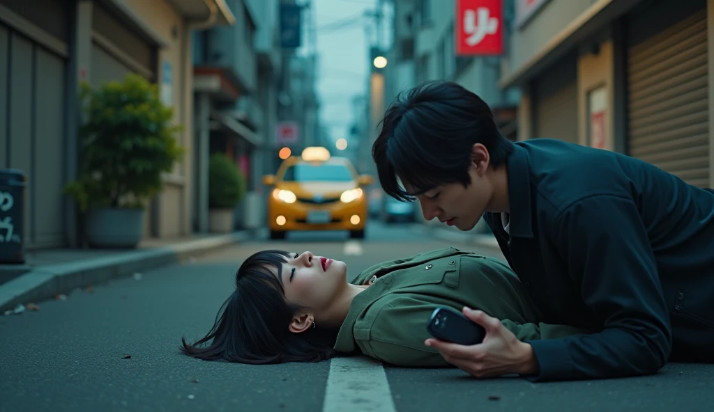 Full shot. A young 20-year-old Japanese woman with short, straight, black hair is lying unconscious on the ground in an alley. A 30-year-old Japanese man is standing next to her, holding his cell phone. A taxi is visible in the background. cinematic. dramatic lighting.illustration