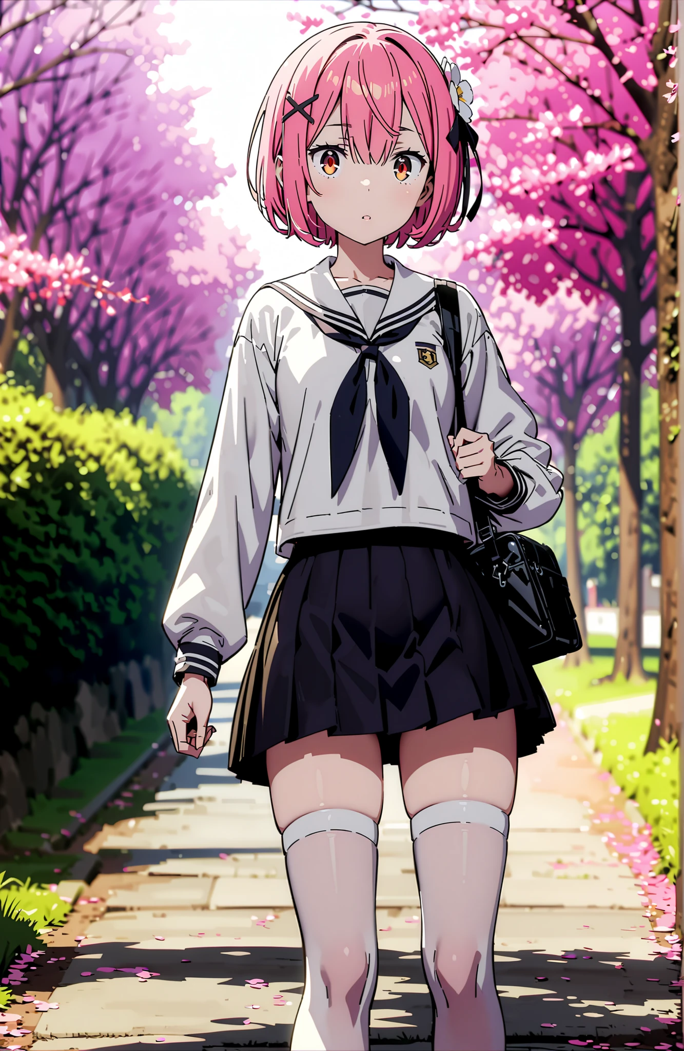 Ram, hair flower, Hair Ornament, hair on one eye, pink hair, Red Eyes, short hair, x Hair Ornament,white sailor suit,long sleeve, black mini pleated skirt ,white thigh high socks,loafers,Student bag 1 :1,cherry blossoms,is walking,morning,full bodyがイラストに入るように,break looking at viewer,full body,
break outdoors, residential area,
break (masterpiece:1.2), best quality in bronze, high resolution, Unity 8Kの壁紙, ( illustration :0.8), (beautiful detailed eyes:1.6), highly detailed face, perfect lighting, highly detailed CG, (perfect hand, perfect anatomy),