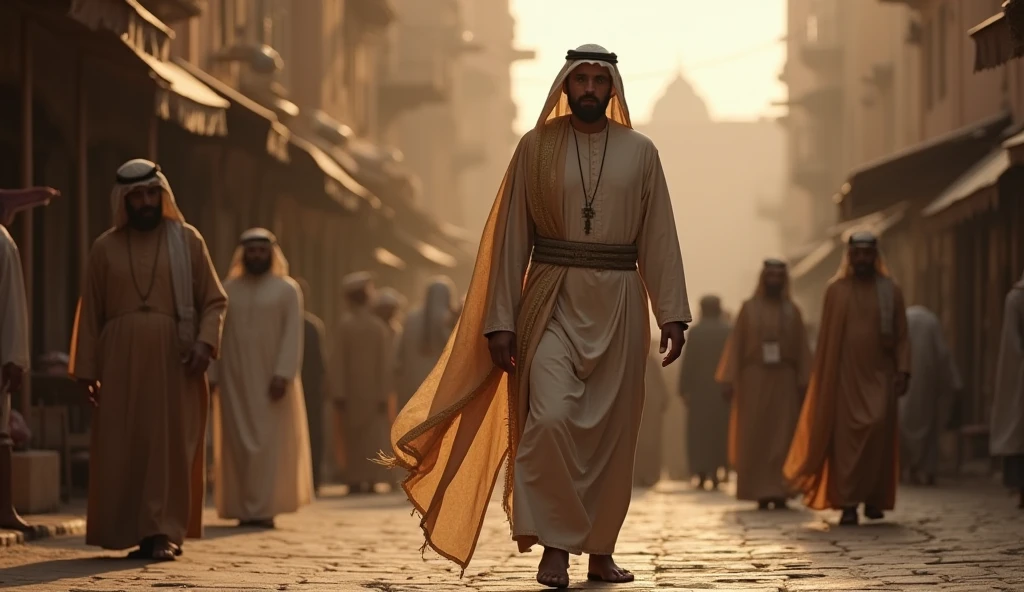 Ka'b walks slowly through the streets of Medina, his face full of sorrow. People pass by — men and women in traditional dress — deliberately turning away and avoiding him. ren glance then look down. The marketplace behind him is active but he is isolated, surrounded yet alone. His cloak moves gently with the breeze. Style: social rejection, emotional depth, historic setting.

