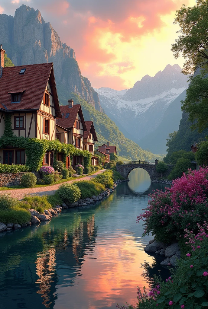 A small riverside village, mountains in the background, colorful flowers, detailed landscape style, beautiful natural scenery, atmospheric lighting,  scorching sunset ,  warm colors, practical, photographic, detailed foliage, complex buildings , cobblestone street, charming country house, vibrant colors, lush vegetation, reflections in the water, pitoresco, idyllic, work of art, Best Quality, 8k, extremely detailed, anime style