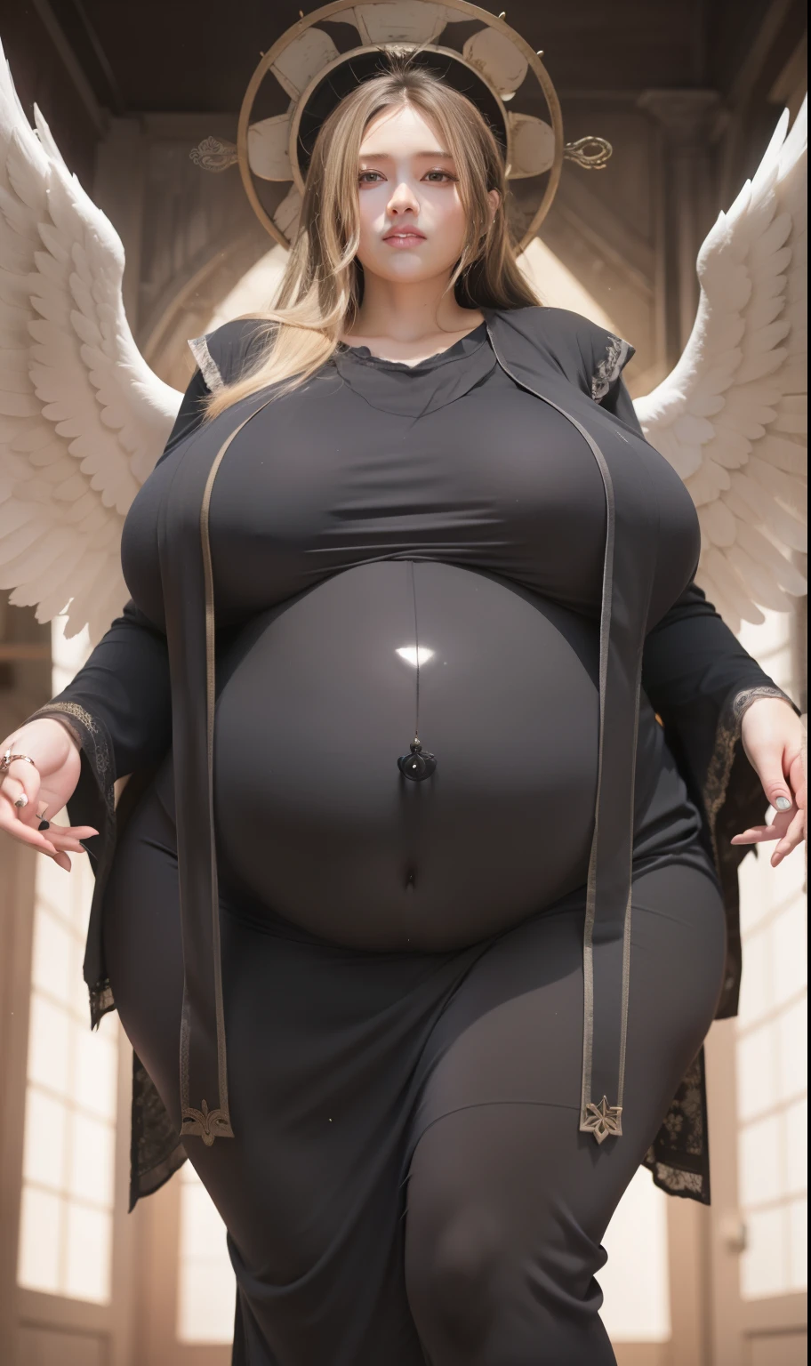 a extremely obese pregnant tween in hard makeup, in tight sweater, jeans with flounce, retro punk hairstyle, in church, rain, soakingwetclothes, 70's