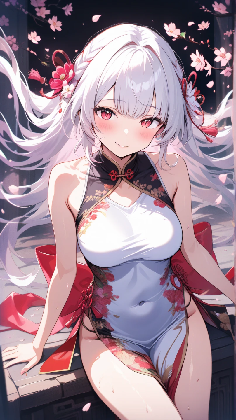 One girl, ((Colossal tits: 1.4)), ((Hi-Res)), ((masuter piece)), ((Best Quality)), (Very detailed)), Large file size, fulcolor, long white hair, Red Eyes, (eye line), Black rose pattern, Kimono, extremley