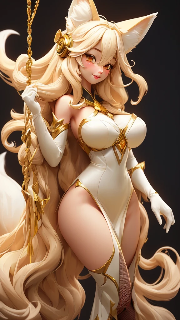 Introducing Aphrodite, a blonde goddess in her divine form. Her voluminous golden locks cascade down her shoulders, framing her radiant face. Her gown, adorned with intricate pearls and shimmering sequins, accentuates her ample cleavage and small waist. Her physique is an embodiment of feminine beauty, with gigantic breasts that draw attention, and her figure is further emphasized by the thigh-high stockings that gracefully accent her long, slender legs. This goddess of love and beauty is a sight to behold, captivating all who lay their eyes upon her.