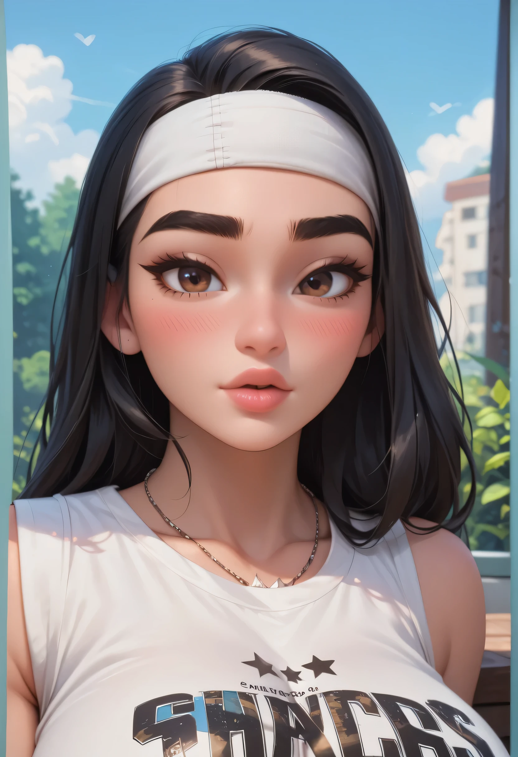 perfect face, face, long hair, black hair, (bandhead), (white bandhead), black eyebrows, thick eyebrows, brown eyes, black eyeliners, blush, nose, thick lips, beautiful woman, necklace star, huge breasts, tank top, white tank top, forest, cloud sky