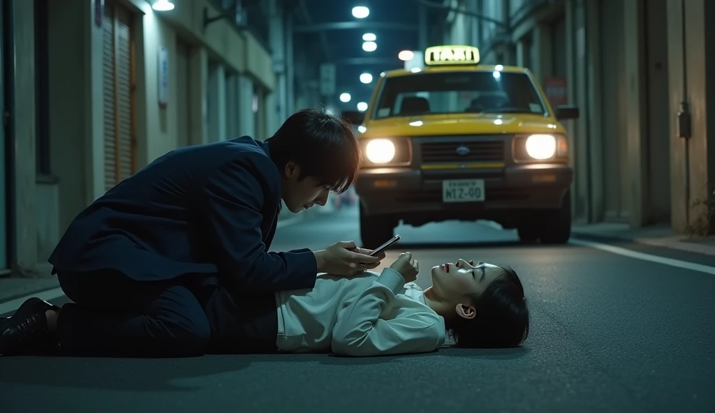 Full shot. A young 20-year-old Japanese woman with short, straight, black hair is lying unconscious on the ground in an alley. A 30-year-old Japanese man is standing next to her, holding his cell phone. A taxi is visible in the background. cinematic. dramatic lighting.illustration