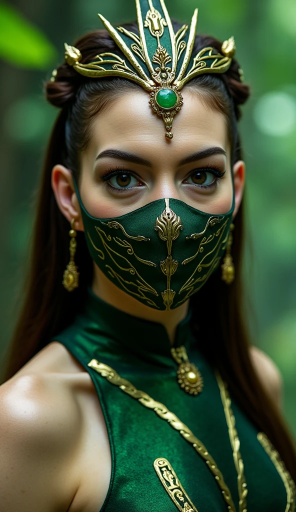 This Anne Hathaway like jade presents an impressive and stately look. She wears a green mask adorned only around her mouth with gold details and an emblem engraved on the mask and completely metallic, giving an air of mystery and elegance.  Her golden tiara  , with a green crystal in the center , complements her noble and warrior appearance. hyper realistic forest Her eyes are expressive and , highlighted by a precise makeup that emphasizes her determination. Her dark green costume follows the traditional warrior style, with metallic details that refer to the royalty of Edenia. The costume design mixes elements of sophistication and strength, making her an imposing and graceful figure at the same time. In the background an epic and realistic setting of a neon green area